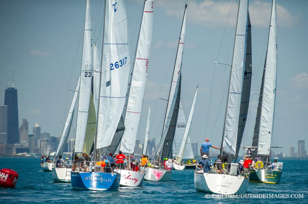 Tartan Tens beat upwind after a close mark rounding on Lake Michigan.