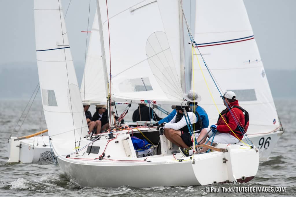 Zander King, of Annapolis, makes a close cross in the highly competitive J/22 fleet at the Helly Hansen Annapolis NOOD