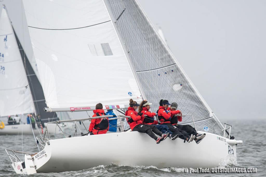 One of two junior crews enjoy fresh winds on Chesapeake Bay on the first day of racing 2019 Helly Hansen NOOD Regatta in Annapolis.