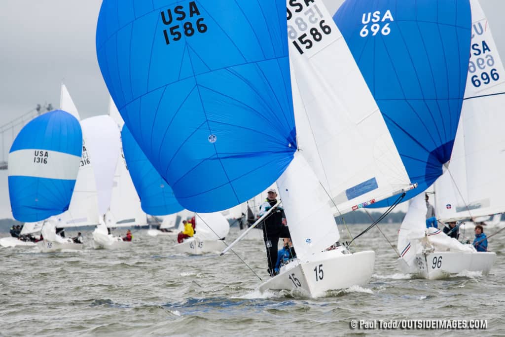 Todd Hiller, of Youngstown, New York, middle) approaches the leeward gate during the final race of the J/22 series at the Helly Hansen NOOD Regatta Annapolis