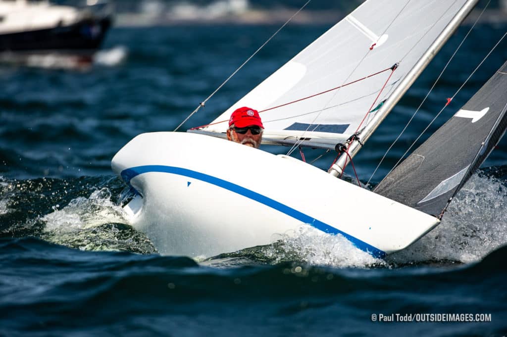 Ted Green drives the 2.4 Metre “Magic Bus” into the steep chop off Marblehead at the Helly Hansen NOOD Regatta at Marblehead Race Week
