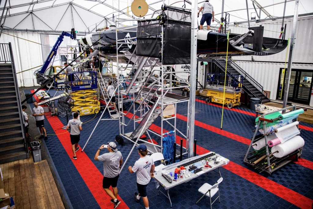 American Magic AC75 Patriot in the boatshed in New Zealand getting repaired.