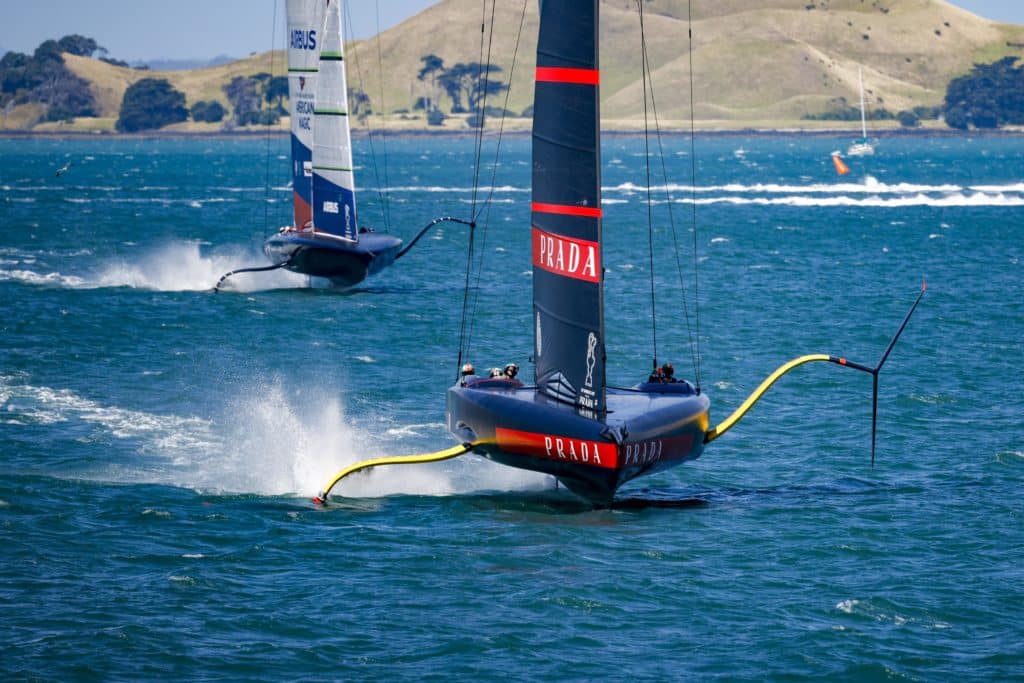 Two AC75s in Auckland racing in the 2021 Prada Cup.