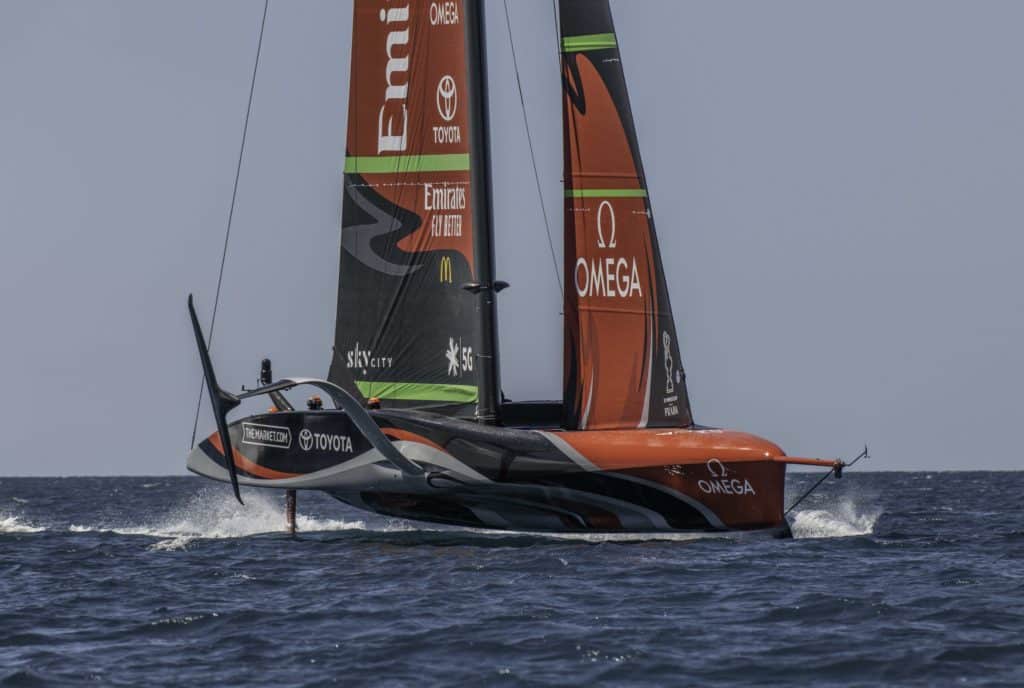 A photo of Emirates Team New Zealand America's Cup AC75, named Te Rehutai