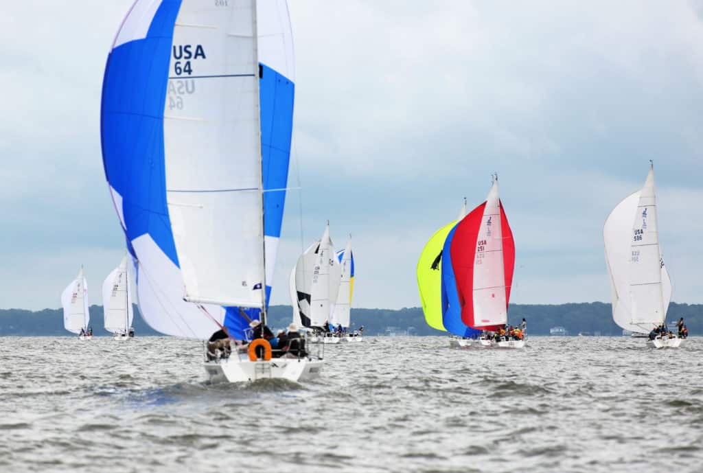 Sailboats racing on the Chesapeake Bay with spinnakers