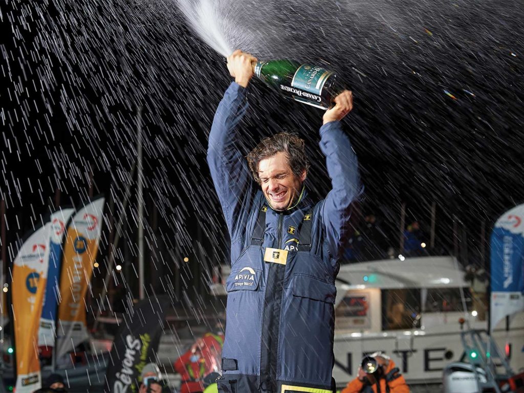 Charlie Dalin, a sailor, celebrates Vendée Globe finish