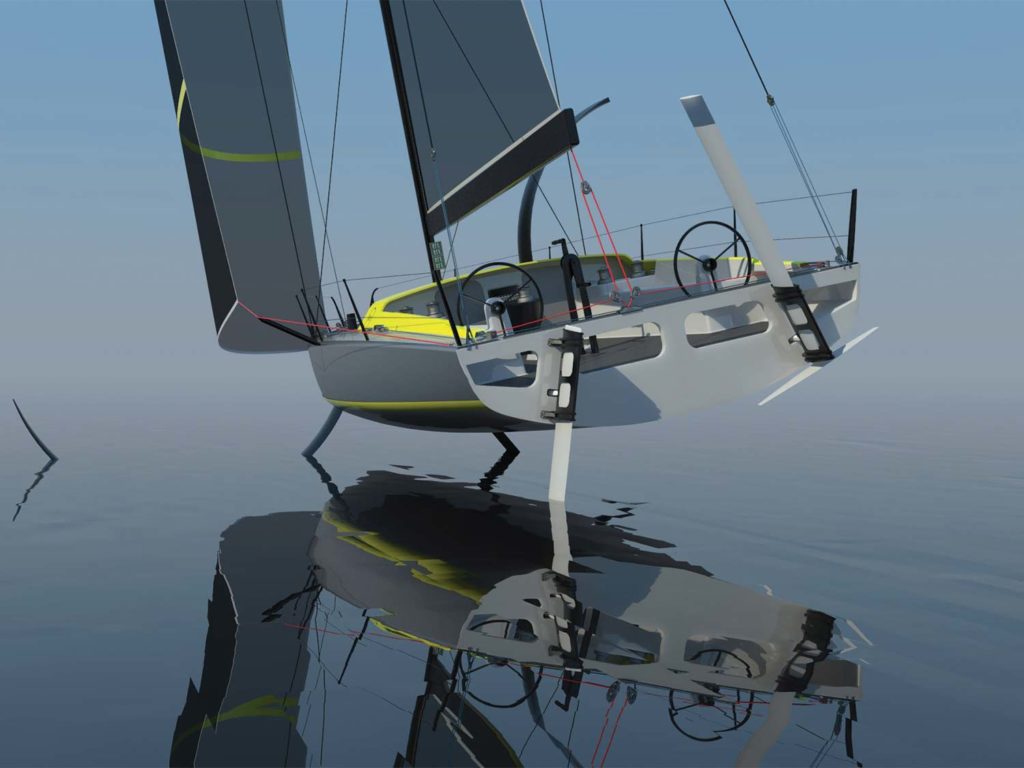 A digital rendering of a fully foiled sailboat concept.