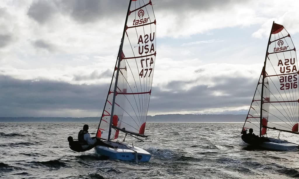 Two-boat Tasar training on a Tuesday night in Seattle.