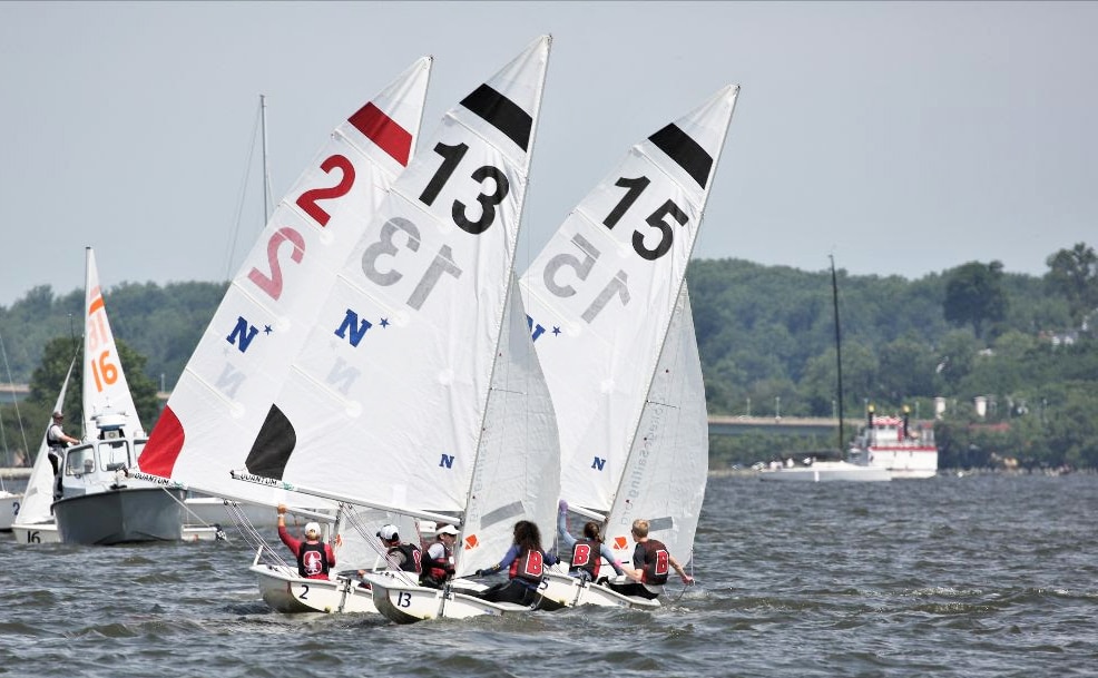 Brown and Stanford sailors battle to the finish at the 2021 College Sailing Team Race National Championship hosted by the U.S. Naval Academy in Annapolis, Md.