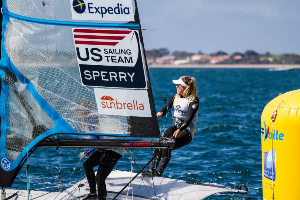 US Sailing Team Sperry 49erFX sailors Paris Henken and Helena Scutt
