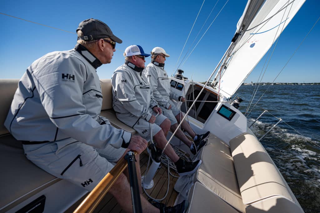 Sailing World's Boat of the Year judging team sails the J/9 in Annapolis, Maryland, during the sea-trials portion of the program.