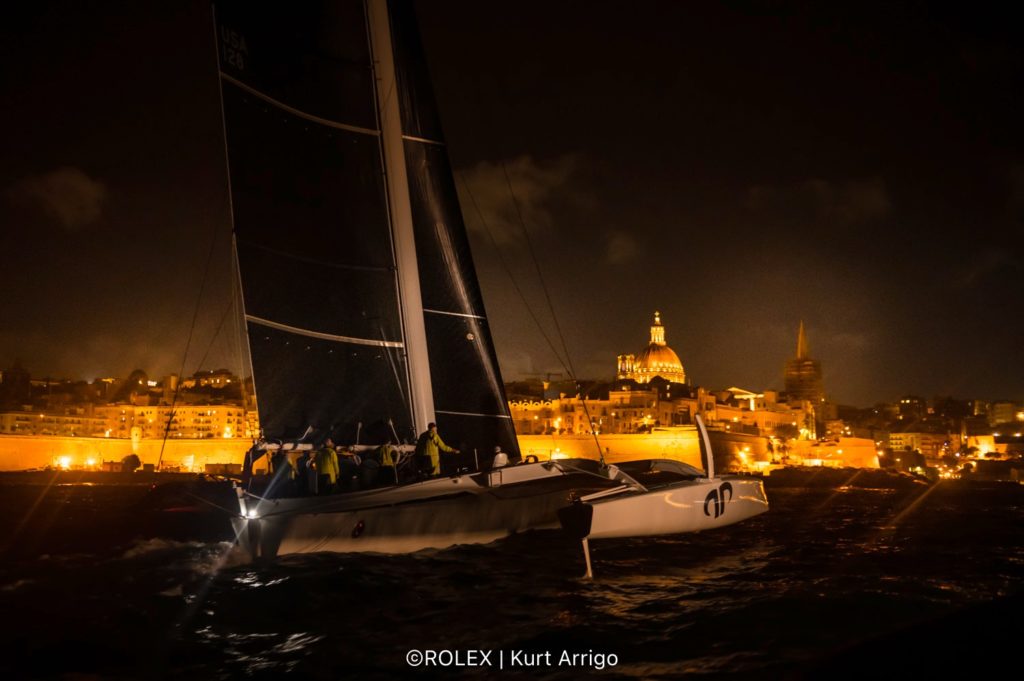 Jason Carroll's MOD70 Argo finishes the 2021 Rolex Middle Sea Race with an elapsed time of 33 hours 29 minutes and 28 seconds.