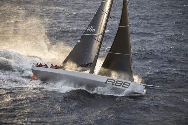 Rambler 88 raceboat on a windy reach