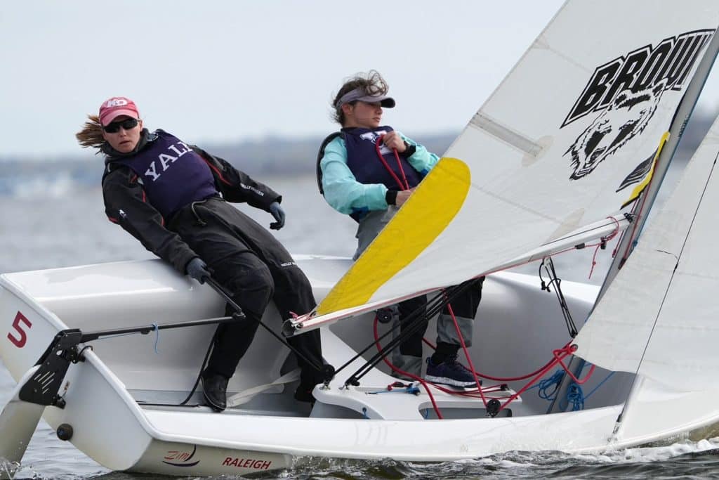 college sailors in a dinghy at Brown University