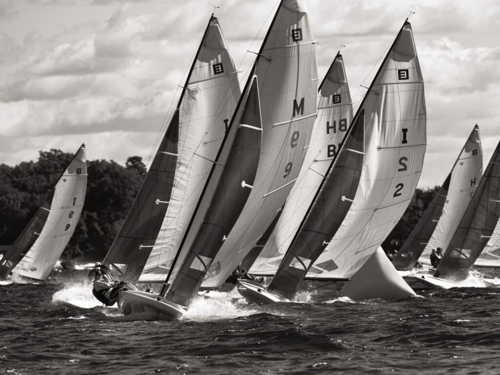 Sailboats participating in the 2016 E Scow Nationals on Lake Minnetonka