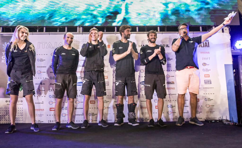 Winning crew on stage in Itajai, Brazil after Leg 3 victory