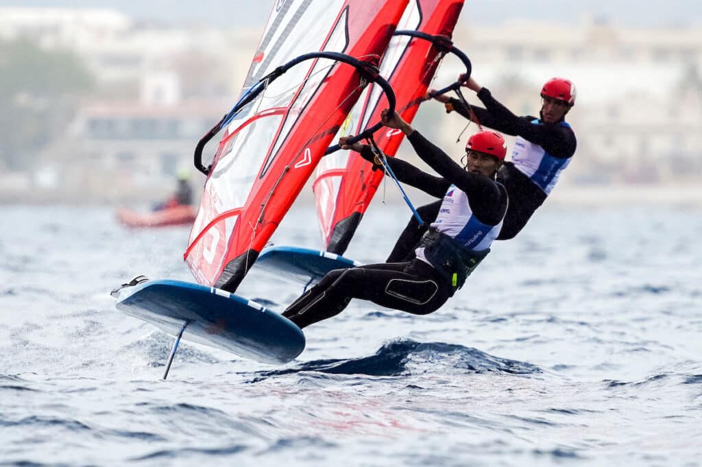 IQFoil foiling windsurfers competing in Spain