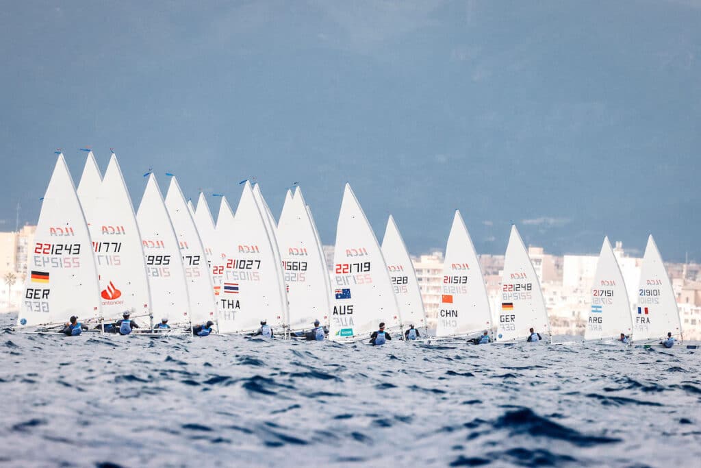 ILCA Olympic boats on the starting line in Palma, Spain