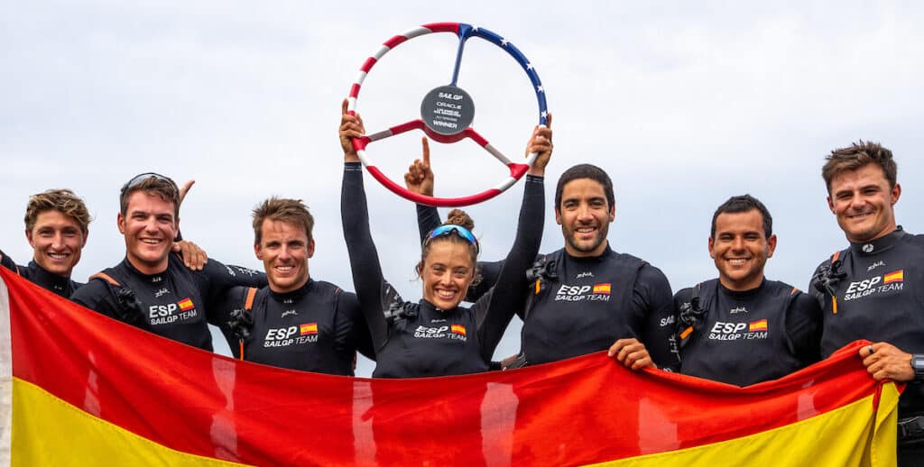 Nicole Van der Velden, strategist of Spain SailGP Team, lifts the Oracle Los Angeles Sail Grand Prix trophy