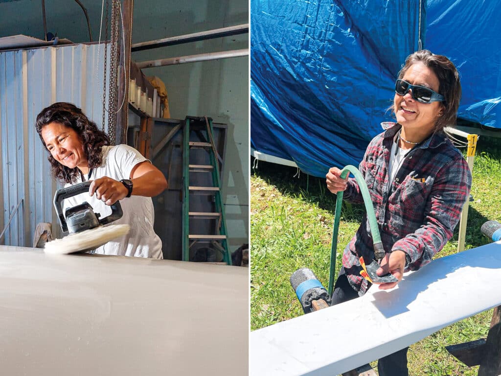 Monica Morgan working on a longboard and wet sanding