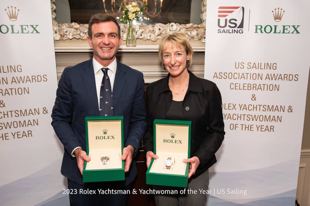 Charlie Enright and Christina Wolfe with their 2023 Rolex awards