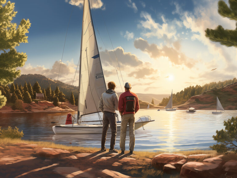 illustration of two people looking at a lake with sailboats on it