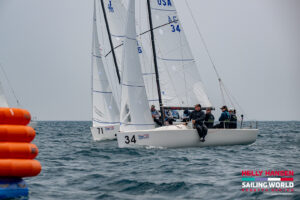 J70 sailboats approaching race mark on Lake Michigan