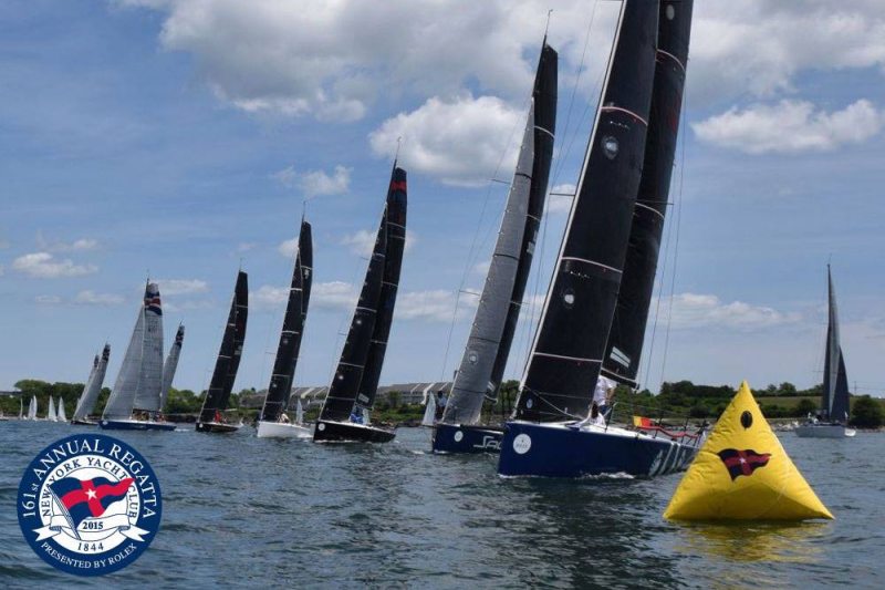 The C&C 30 fleet lines up for the start at the NYYC Annual Regatta on Narragansett Bay.