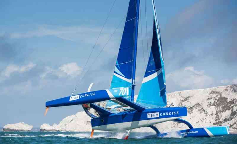 Concise 10 powers out of the Solent past the iconic Needles, taking its own channel crossing record, Cowes-Dinard-St. Malo.