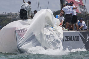 Team Origin goes shrimping during Round Robin 2. Forestay trouble would force the team to retire from the race.