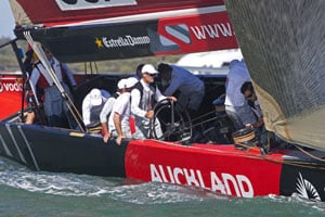 BMW Oracle skipper Russell Coutts (at helm) admits he has been a little rusty steering AC boats for the first time since 2003.