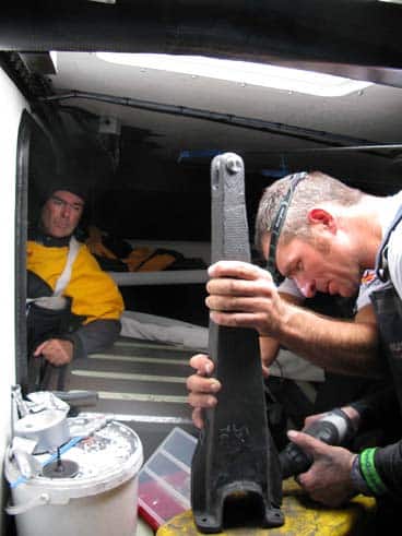 Start of the race Alicante For EDITORIAL USE only, please credit: Gabriele Olivo/Equipo Telefonica/Volvo Ocean Race
(l-r) Bouwe Bekking watches on as Xabier Fernandez and Pepe Ribes attempt to repair steering damage to Telefonica Blue which occured shortly after the start of leg 1.
The Volvo Ocean Race 2008-09 will be the 10th running of this ocean marathon. Starting from Alicante in Spain, on 4 October 2008, it will, for the first time, take in Cochin, India, Singapore and Qingdao, China before finishing in St Petersburg, Russia for the first time in the history of the race. Spanning some 37,000 nautical miles, visiting 11 ports over nine months, the Volvo Ocean Race is the world's premier ocean yacht race for professional racing crews.
For all media enquiries please contact Lizzie Ward on +44 (0)1489 554 832 or email lizzie.ward@volvooceanrace.org. For all photographic enquiries, please contact Tim Stonton on +44 (0)1489 554 867 or email tim.stonton@volvooceanrace.org. For further images, please go to http://images.volvooceanrace.org