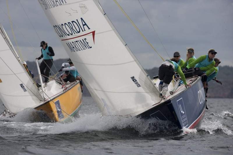Katie Spithill (AUS), Team Wot Chicks, in the lead against Nicole Souter (AUS), Team Wild Oats Chardonnay, at the top mark.