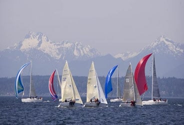 seattle2storypic Clear skies and mountain peaks bring great sailing for Melges 24 teams at the 2008 Sperry Top-Sider Seattle NOOD regatta.