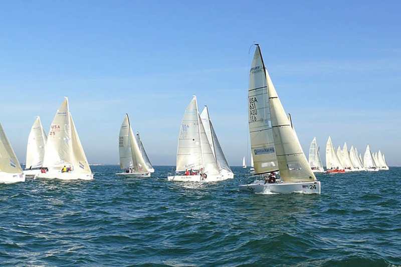 Terry Hutchinson's team on the Melges 24 Quantum Racing/Rosebud tacks for the right side of the course shortly after the start of Race 1 at the Sperry Top-Sider St. Pete NOOD. Prints of this photo and others available at http://noodregattas.smugmug.com