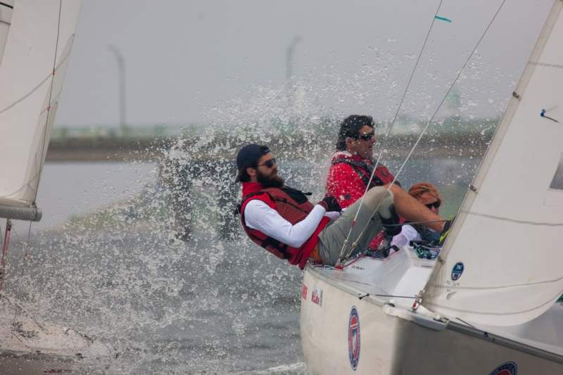 Hugh Freund (foreground) and Rick Doerr racing in the Sonar class.