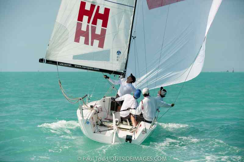 In the right breeze and right situation a quick transition to wing-on-wing can open up a lane or get you down the mark without jibing. It's effective, but not all the time. Tim Healy's Team Helly Hansen practices the technique before Key West Race Week.