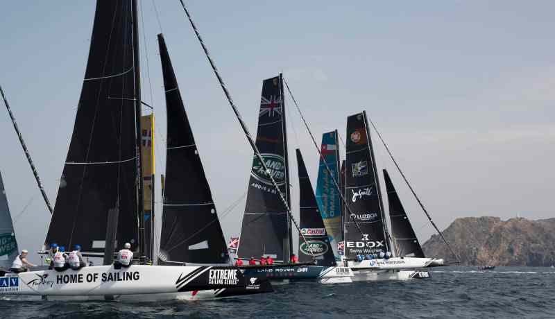 Extreme Sailing Series 2016. Act1. Muscat. Oman. Picture shows the foiling catamarans in action during day 1 of racing in Mutrah.Image licensed to Lloyd Images