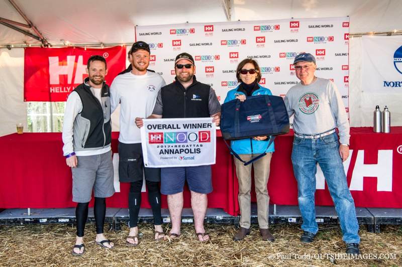 Annapolis, Maryland (USA)  images of the 2017 Helly Hansen NOOD regatta. Sunday, the final day of racing with a great breeze and blue sky. The awards held under the big tent. The overall winner of the event Conor Hayes on his J/80 More Gostosa. ©Paul Todd/OUTSIDEIMAGES.COMOUTSIDE IMAGES PHOTO AGENCY