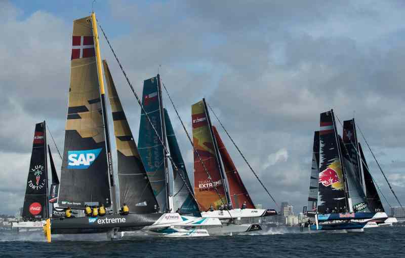 The Extreme Sailing Series 2017. Act 8. 19th - 22nd October 2017. San Diego, California, USA. Pictures of the fleet of race yachts crossing the start line on day2 of racing close to the city.