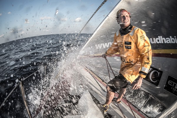 January 13, 2015. Leg 3 onboard Abu Dhabi Ocean Racing. Luke "Parko" Parkinson gets ready to deploy a new sail as the wind shifts in the Bay of Bengal.