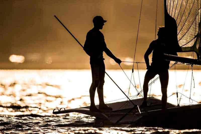 A the end of racing Monday, the 49er fleet had completed six races, and New Zealand's Peter Burling and Blair Tuke know there is plenty of racing yet to come.
Tuke says, “We’re halfway through the fleet racing series of the regatta. We had two races yesterday which were good for us, just a nice solid start, and it was good to get out and put the hammer down today and get three 1sts.”
“Not such a great race in the second one, but it was pleasing the way we bounced back and were able to take to more 1sts. We’re happy but we also know there’s plenty more work to do this week.”