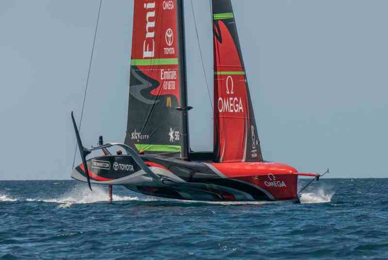A photo of Emirates Team New Zealand America's Cup AC75, named Te Rehutai