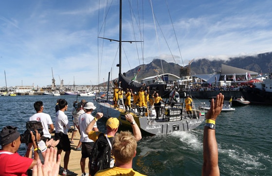 November 19, 2014. The farewells leading up to the Start of Leg 2 from Cape Town to Abu Dhabi; Abu Dhabi Ocean Racing leave the dock.
