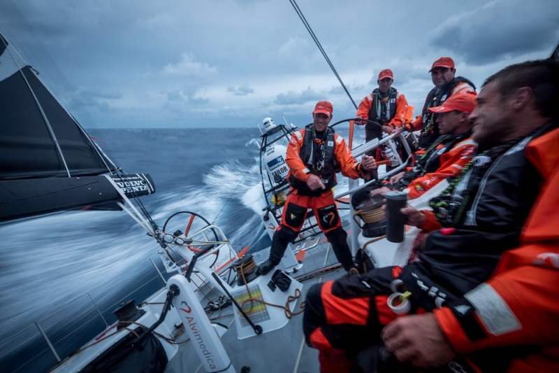 Team Alvimedica exits through the Gibraltar Straits on Leg 1 of the Volvo Ocean Race. Founding co-skippers Mark Towill (at helm) and Charlie Enright (to his right) lead the race's youngest team.