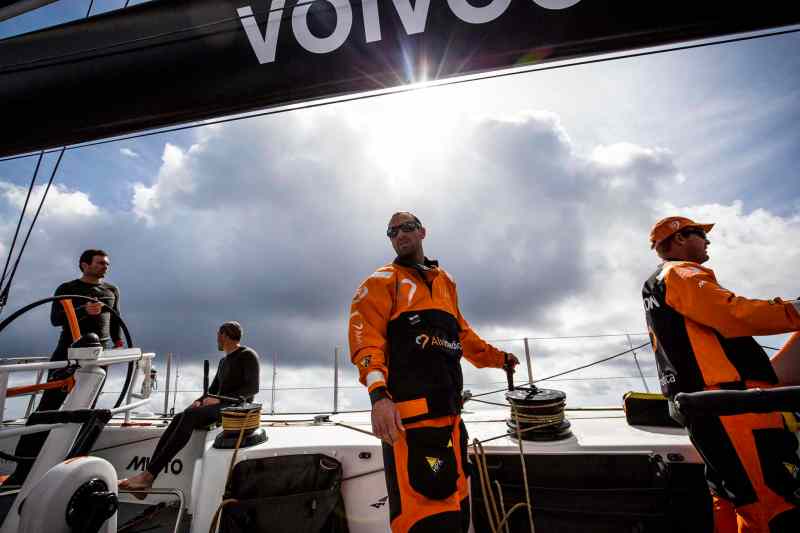 October, 2014. Leg 1 onboard Team Alvimedica. Day 3. After sailing through a front of rough weather overnight, it's a tired but more pleasant race down the African coast towards the Canary Islands. The focus is tangible--decisions are to be made as everybody on deck is looking somewhere different, and it's clear from Ryan Houston and Seb Marsset to the right, still in their foul weather gear, and Charlie Enright and Alberto Bolzan to the left, in their base layers and barefoot, that conditions are changing quickly and everybody was brought up on deck in a hurry.