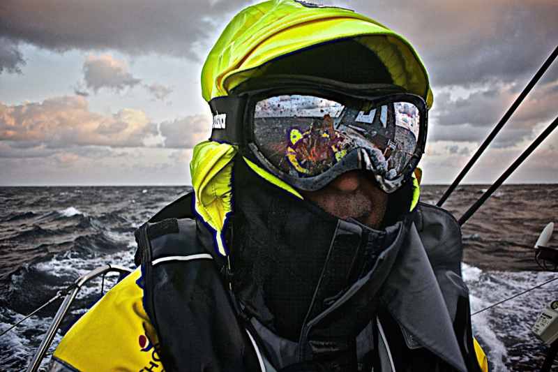 Volvo Ocean Race 2014-15 – Leg 8 to Lorient June 09, 2015. Leg 8 to Lorient onboard Team Brunel. Day 02. Bay of Biscay does what it's famous for, perfect storms and 35 knots upwind... even 3 reefs seems too much. Bouwe Bekking had gone 36 hours without sleep.