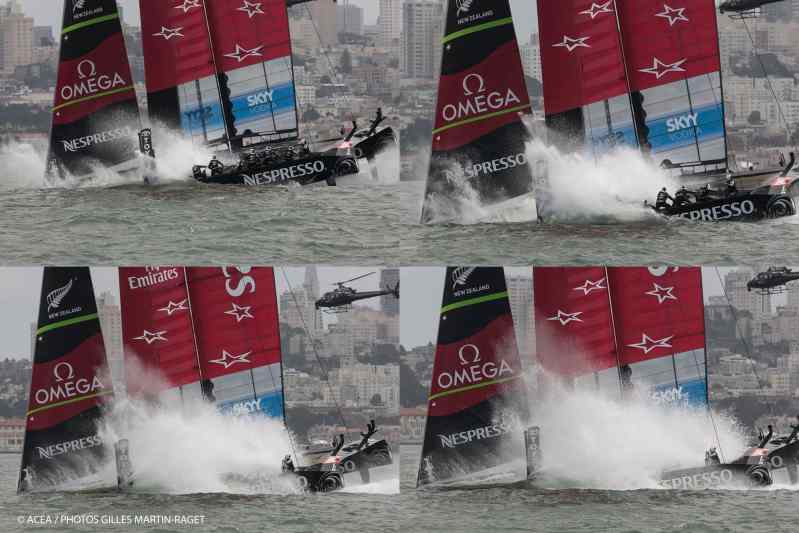 16/08/2013 - San Francisco (USA,CA) - 34th America's Cup - Louis Vuitton Cup - Louis Vuitton Cup Final - Race Day 1 - Emirates Team New Zealand Nosedive