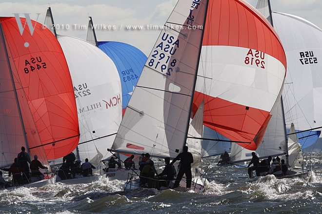 Competitive close racing is the norm for the J24 Class. Here are some of the best in the fleet battling for position on the downwind leg in 25+ knots of breeze.