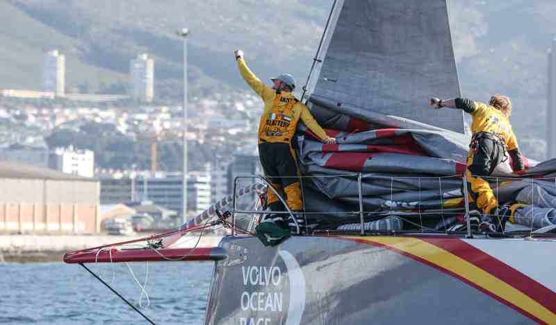 November 5, 2014. Abu Dhabi Ocean Racing celebrate after crossing the finish line in Cape Town as the winners of Leg 1.